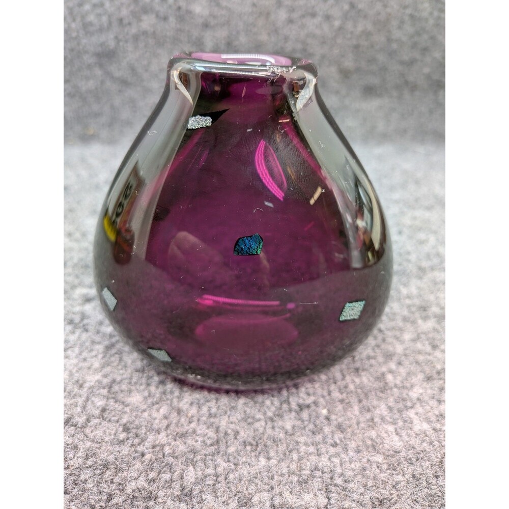 Sharon Fujimoto Vase Signed Hand Blown Clear Purple With Metal Flakes 2005